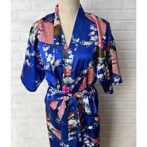 Women's Satin Royal Blue Pink and Cream Floral Bird Kimono Robe Knee Length